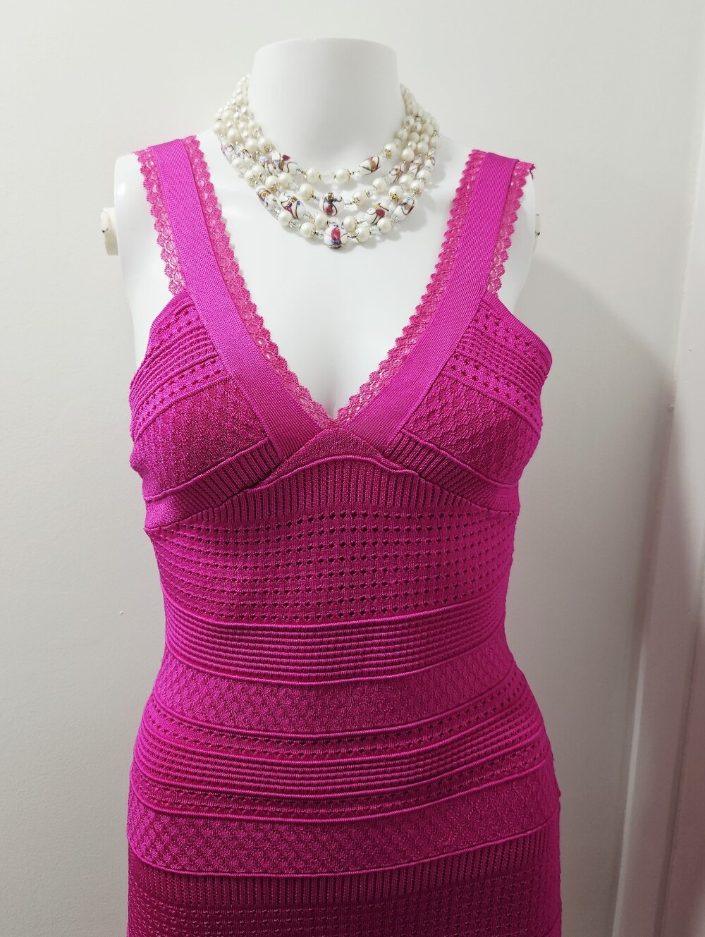BEBE Hot Pink Pointelle Knit Lace Trim Bandage Bodycon Dress XS - Picture 2 of 12
